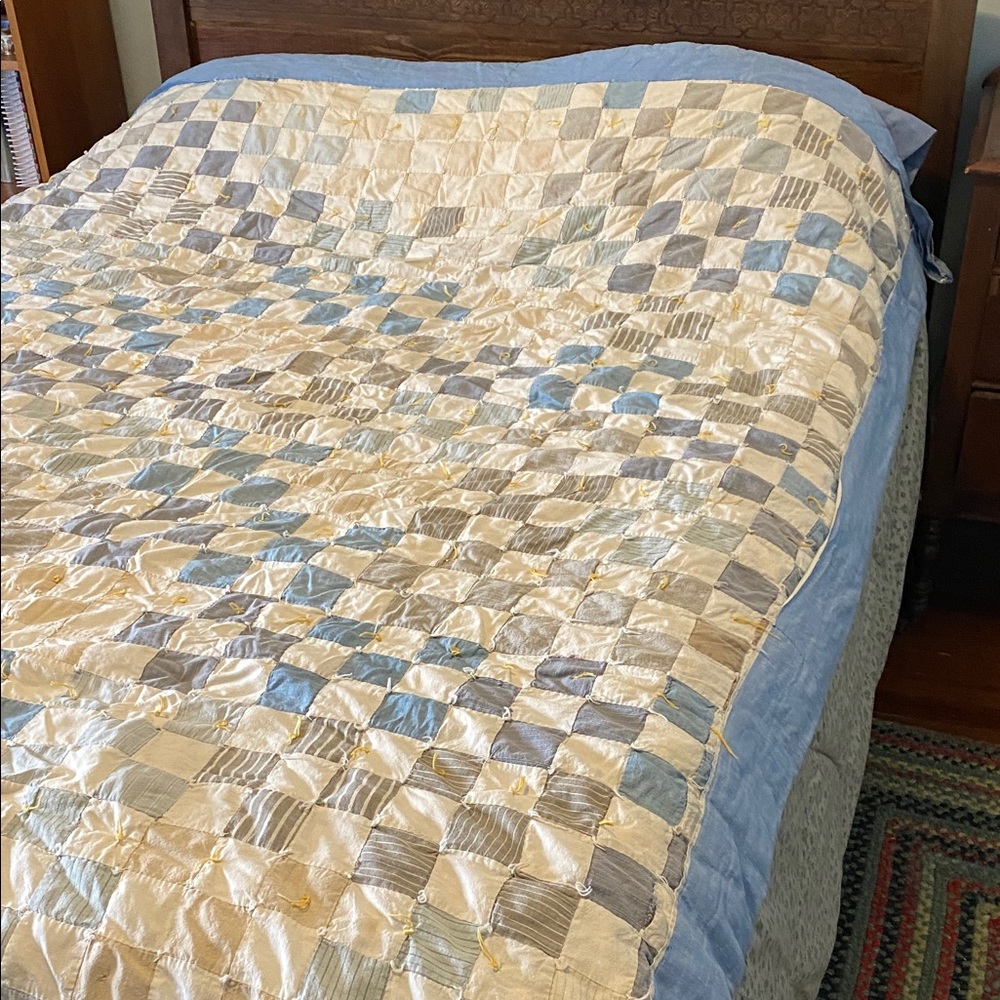 Vintage Patchwork Checkerboard Quilt from Texas Blue Gray & Beige Squares 5x6 ft
